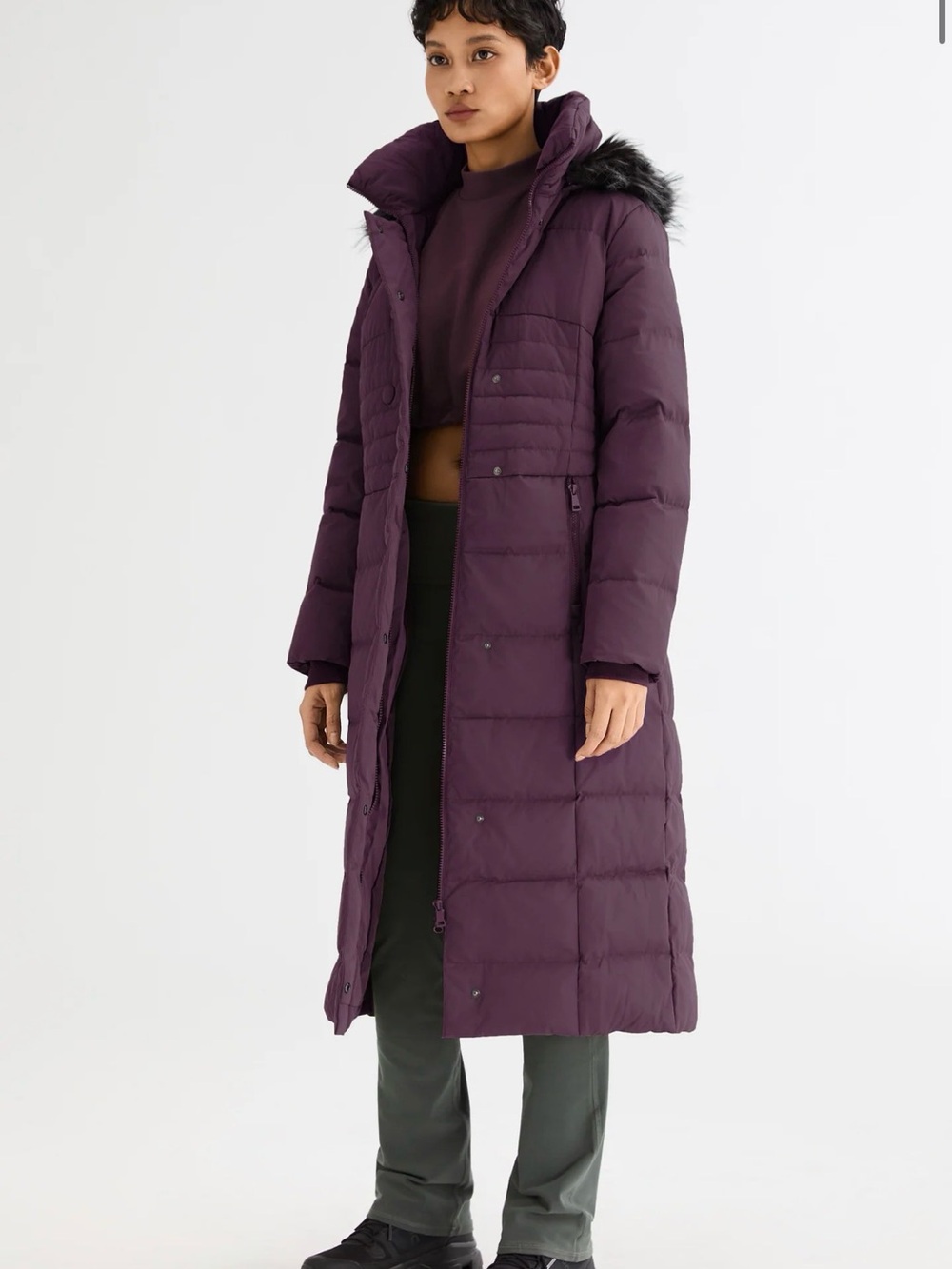 Long Quilted Puffer Coat in Deep Plum with Faux-Fur Trim